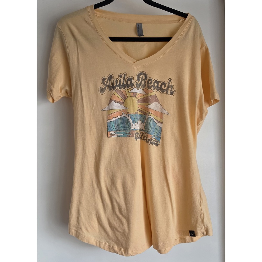 Avila Beach California Women XL Yellow Cotton Graphic T-Shirt Retro Casual Tee